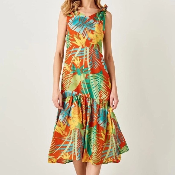 Yellow Green Red Floral Tropical Print Dress - Picture 2 of 5
